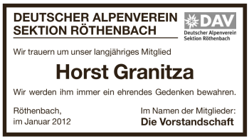 Traueranzeige von Horst Granitza von Pegnitz-Zeitung